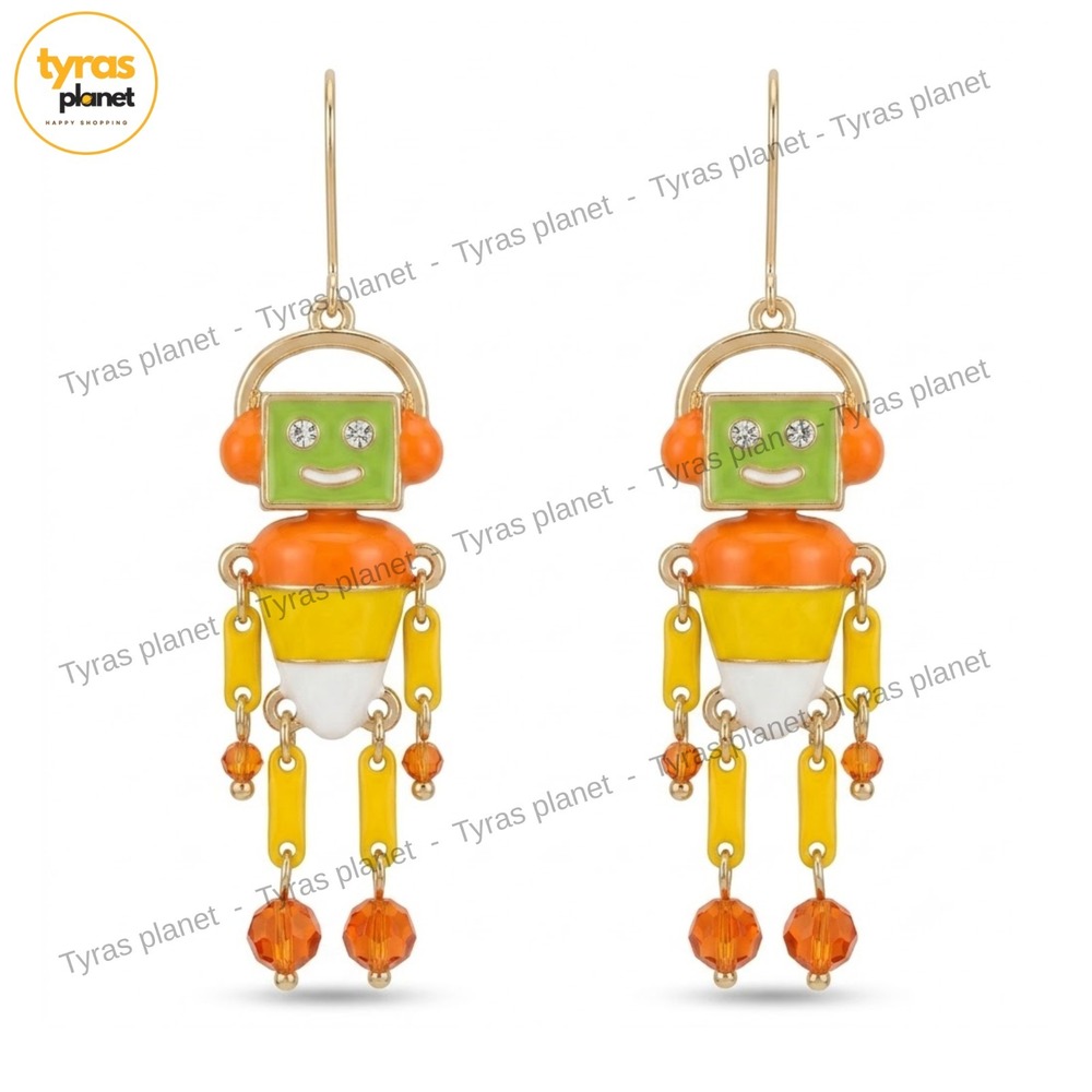 Candy‎ Corn Robot Dangling Earrings With Orange Stones